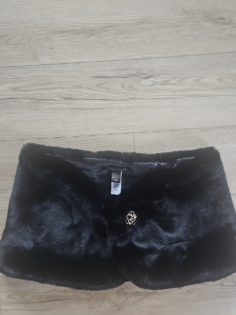 Christian Lacroix Black Faux Fur Wrap Accessory with Gold Accent. One Size Fits